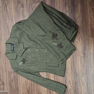 Vintage 90s Sag Harbor Rich Green Leaf Embroidered Two-Piece Pantsuit, Size 12